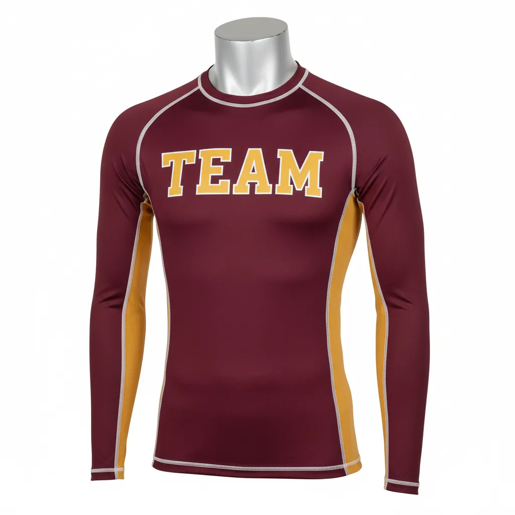 Custom Wrestling Long Sleeve Compression Shirt - Burgundy, Gold - Vegas Side Stripe - Front View - Kinexa Sportswear