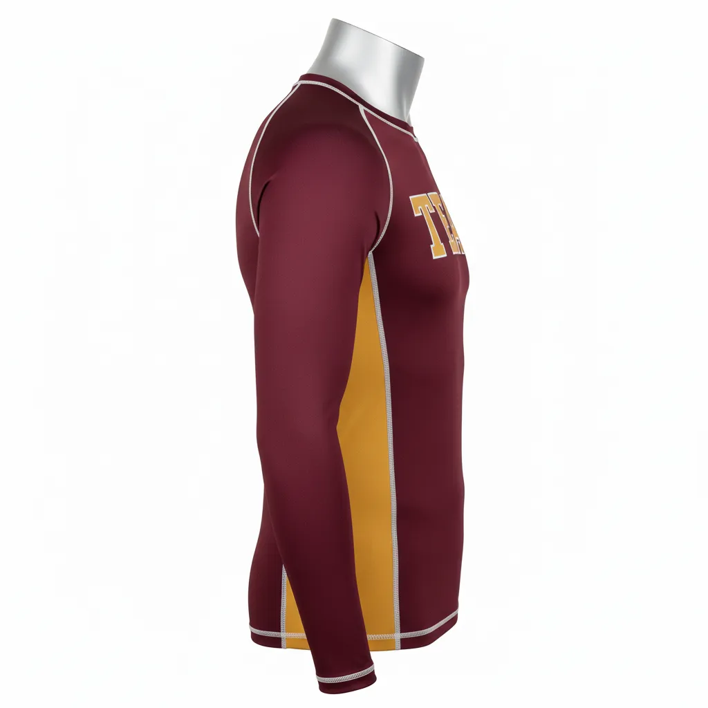 Custom Wrestling Long Sleeve Compression Shirt - Burgundy, Gold - Vegas Side Stripe - Side View - Kinexa Sportswear