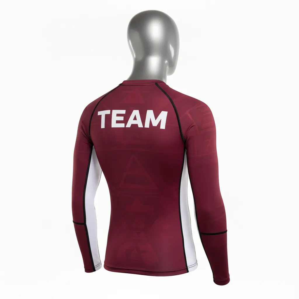 Custom Wrestling Long Sleeve Compression Shirt - Burgundy, White - Side Stripe - Back View - Kinexa Sportswear