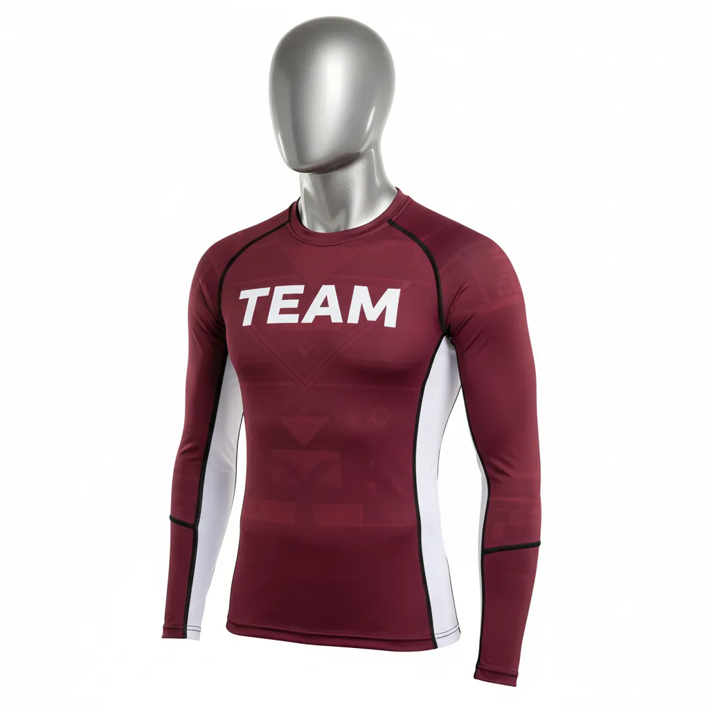 Custom Wrestling Long Sleeve Compression Shirt - Burgundy, White - Side Stripe - Front View - Kinexa Sportswear