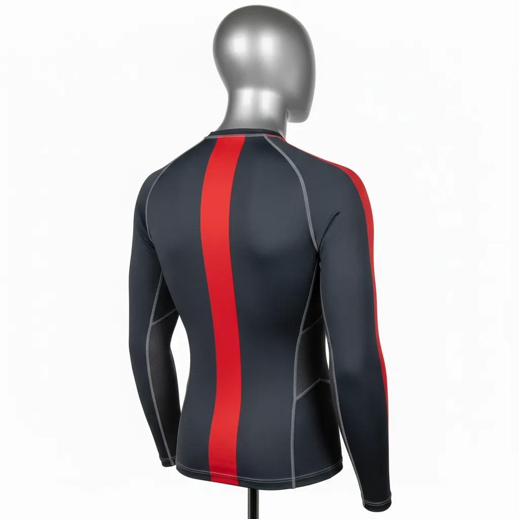 Custom Wrestling Long Sleeve Compression Shirt - Red - Charcoal Stripe - Back View - Kinexa Sportswear