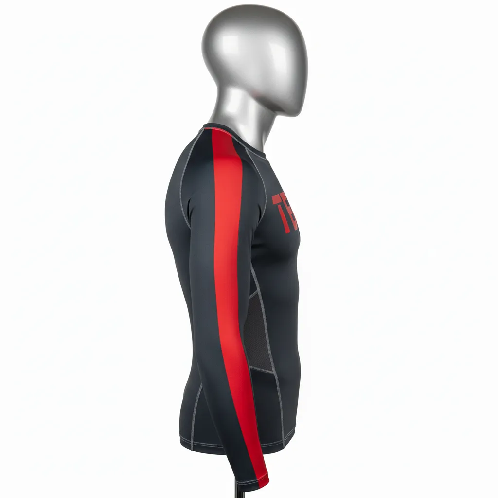 Custom Wrestling Long Sleeve Compression Shirt - Red - Charcoal Stripe - Side View - Kinexa Sportswear