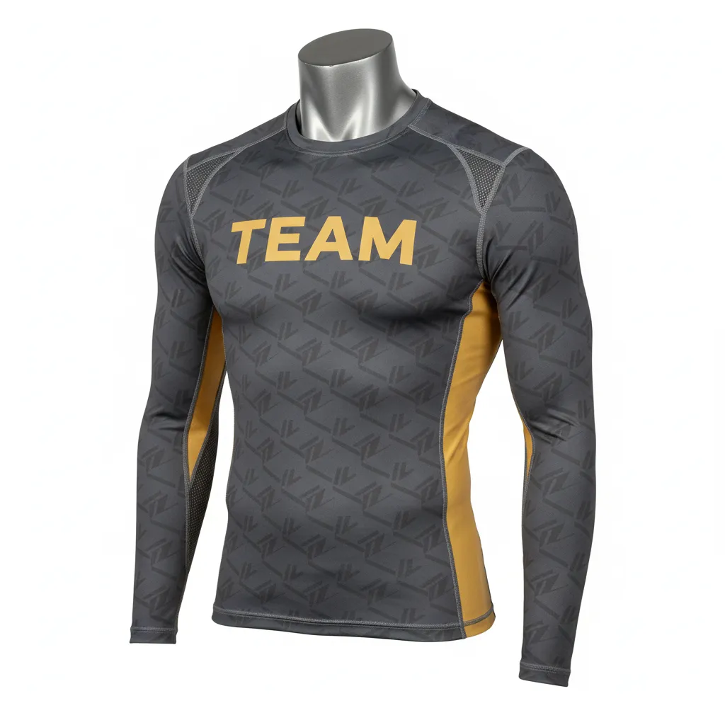 Custom Wrestling Long Sleeve Compression Shirt - Gold - Charcoal Vegas Side Panel - Front View - Kinexa Sportswear