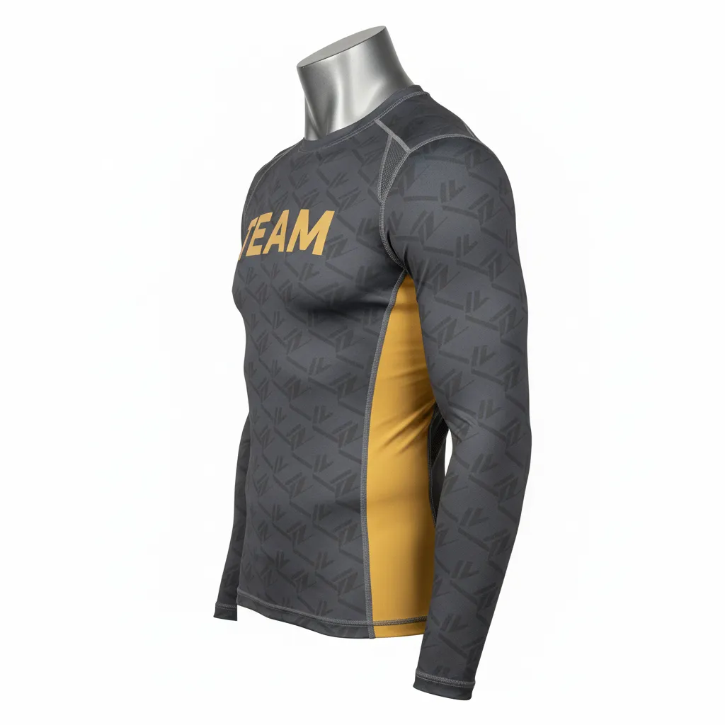 Custom Wrestling Long Sleeve Compression Shirt - Gold - Charcoal Vegas Side Panel - Side View - Kinexa Sportswear