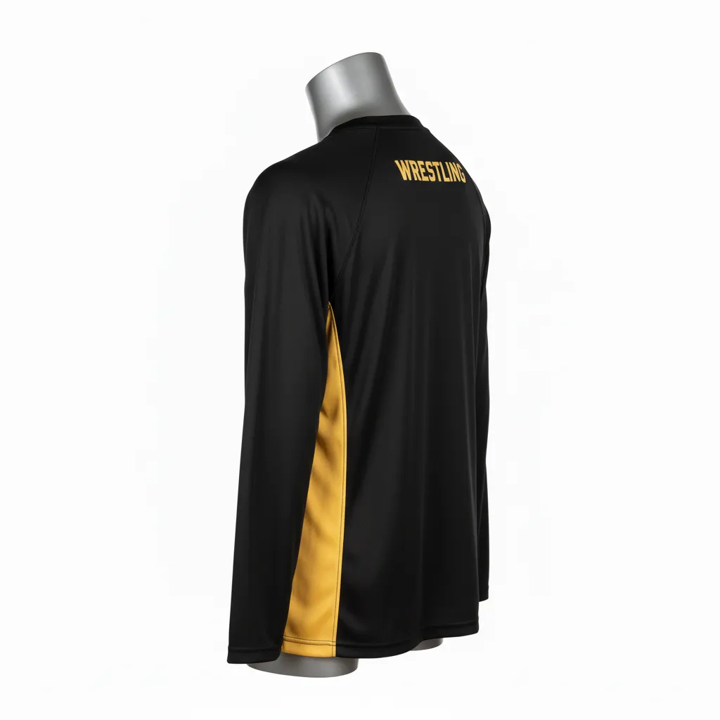 Custom Wrestling Long Sleeve Performance Shirt - Black, Gold - Vegas Side Panel - Back View - Kinexa Sportswear