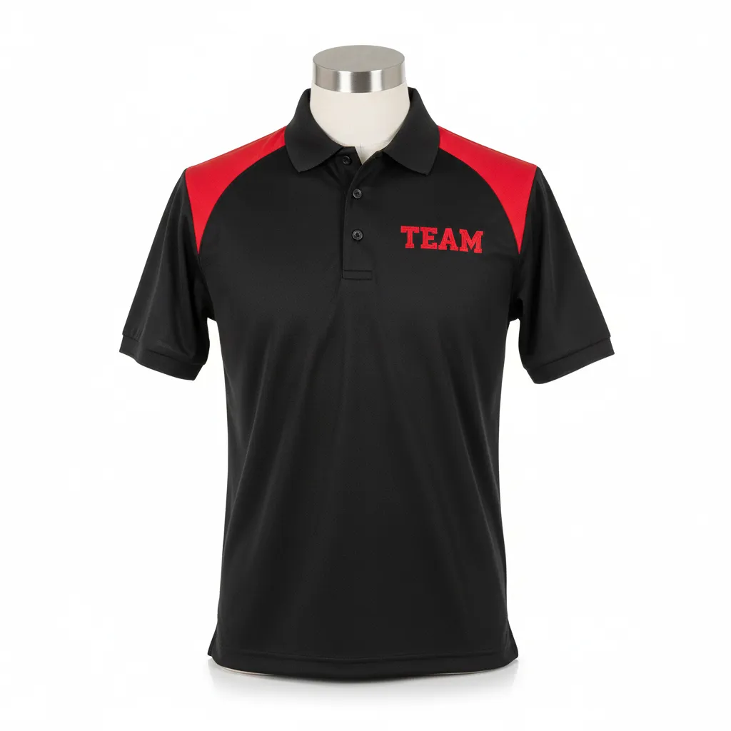 Custom Wrestling Performance Polo Shirt - Black, Red - Shoulder Panel - Front View - Kinexa Sportswear