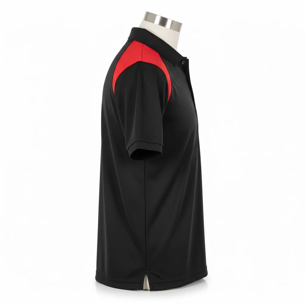 Custom Wrestling Performance Polo Shirt - Black, Red - Shoulder Panel - Side View - Kinexa Sportswear