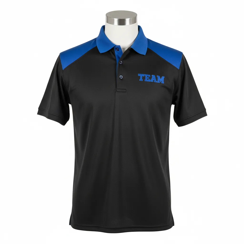 Custom Wrestling Performance Polo Shirt - Black - Royal Shoulder Panel - Front View - Kinexa Sportswear