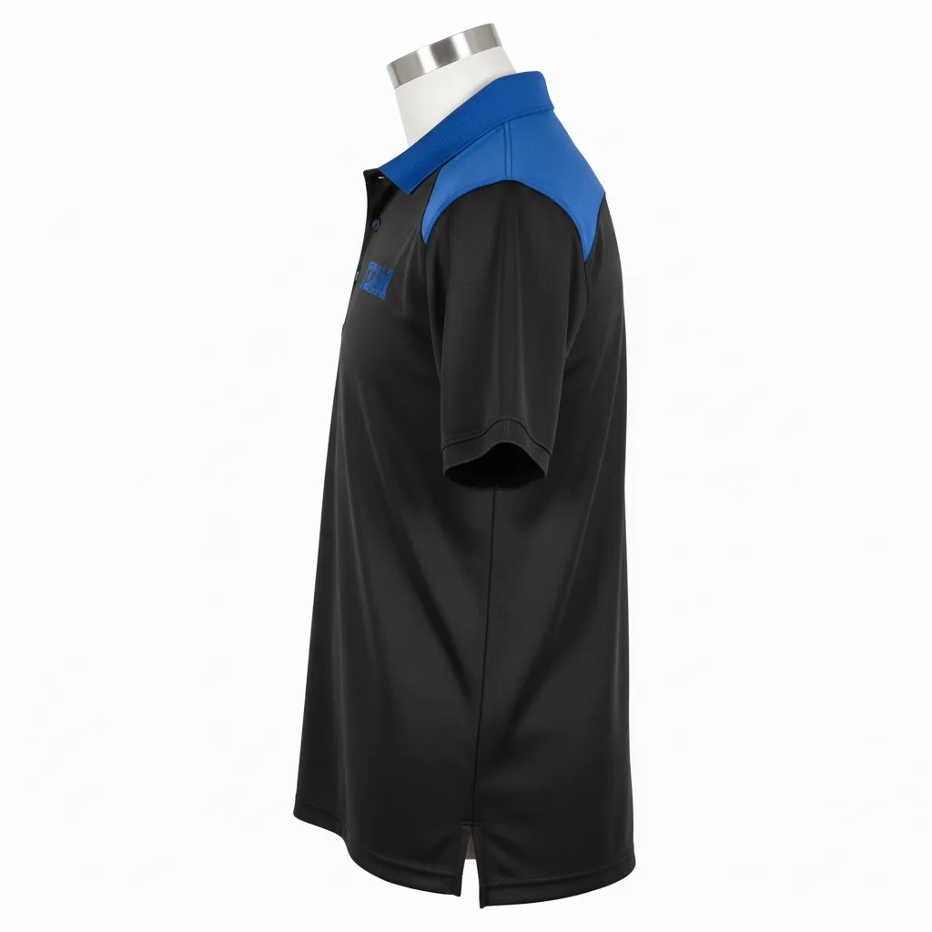 Custom Wrestling Performance Polo Shirt - Black - Royal Shoulder Panel - Side View - Kinexa Sportswear