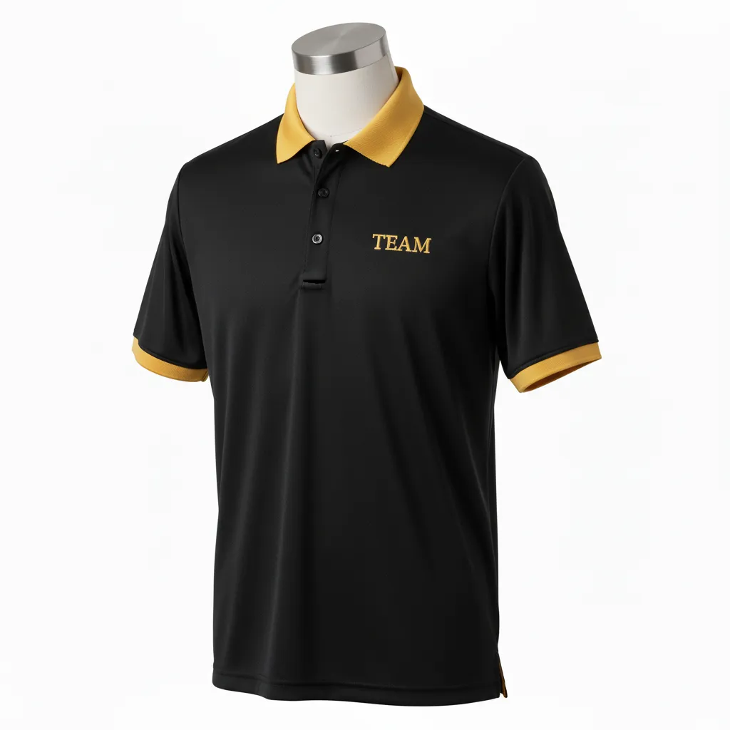 Custom Wrestling Performance Polo Shirt - Black, Gold - Vegas Collar Trim - Front View - Kinexa Sportswear