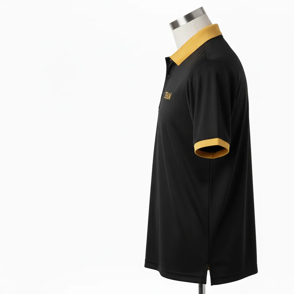 Custom Wrestling Performance Polo Shirt - Black, Gold - Vegas Collar Trim - Side View - Kinexa Sportswear