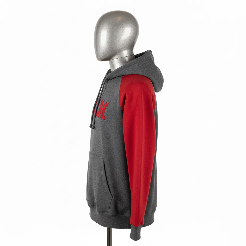 Custom Wrestling Pullover Hoodie - Red - Charcoal Shoulder Panel - Side View - Kinexa Sportswear