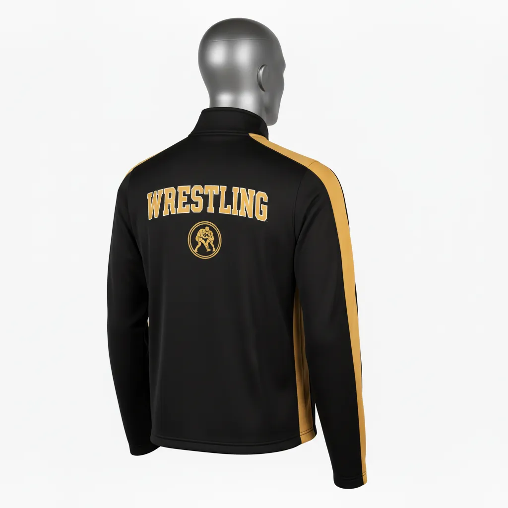 Custom Wrestling Quarter Zipper Warmup Jacket - Black, Gold - Vegas Shoulder Stripe - Back View - Kinexa Sportswear
