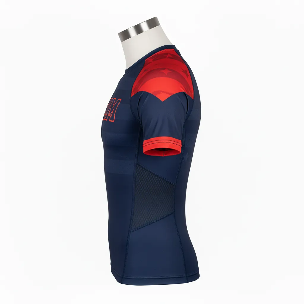 Custom Wrestling Short Sleeve Compression Shirt - Black, Red - Accent - Side View - Kinexa Sportswear
