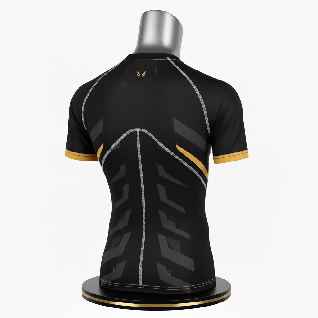 Custom Wrestling Short Sleeve Compression Shirt - Black, Gold - Vegas Accent - Back View - Kinexa Sportswear