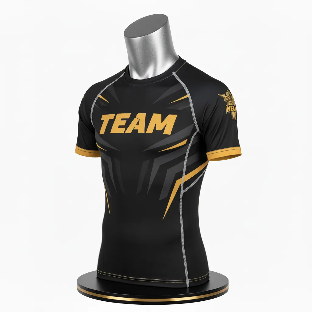 Custom Wrestling Short Sleeve Compression Shirt - Black, Gold - Vegas Accent - Front View - Kinexa Sportswear