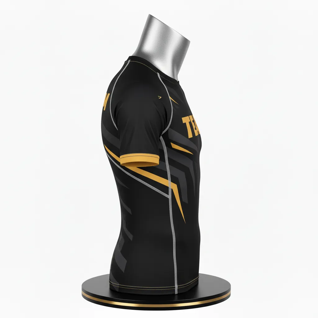 Custom Wrestling Short Sleeve Compression Shirt - Black, Gold - Vegas Accent - Side View - Kinexa Sportswear