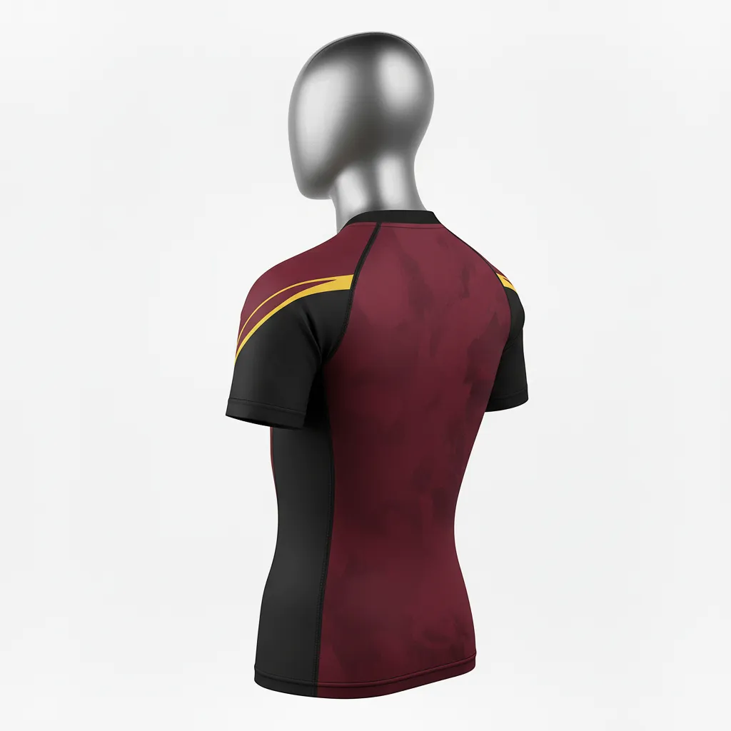 Custom Wrestling Short Sleeve Compression Shirt - Burgundy, Gold - Vegas Side Stripe - Back View - Kinexa Sportswear