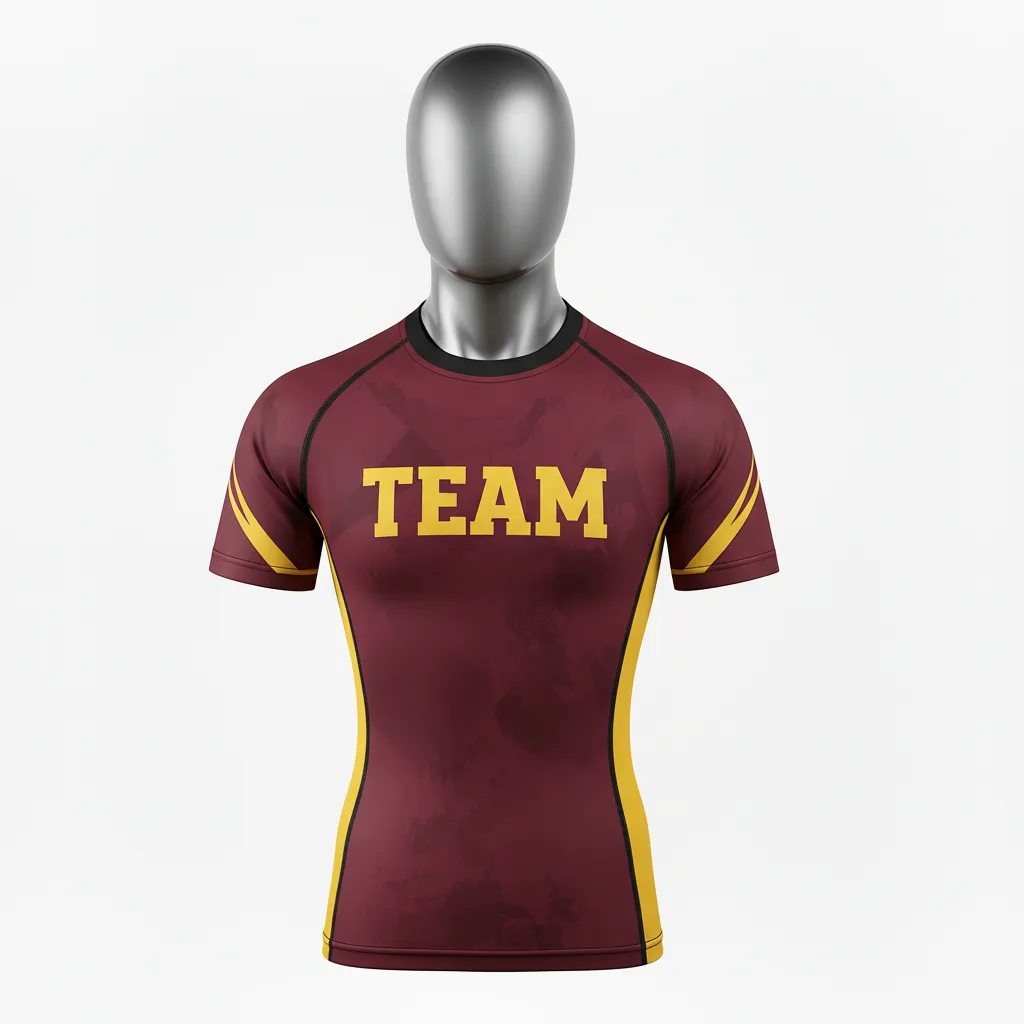 Custom Wrestling Short Sleeve Compression Shirt - Burgundy, Gold - Vegas Side Stripe - Front View - Kinexa Sportswear