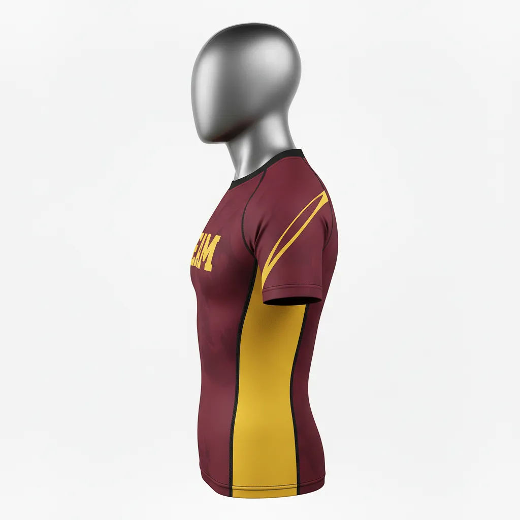 Custom Wrestling Short Sleeve Compression Shirt - Burgundy, Gold - Vegas Side Stripe - Side View - Kinexa Sportswear
