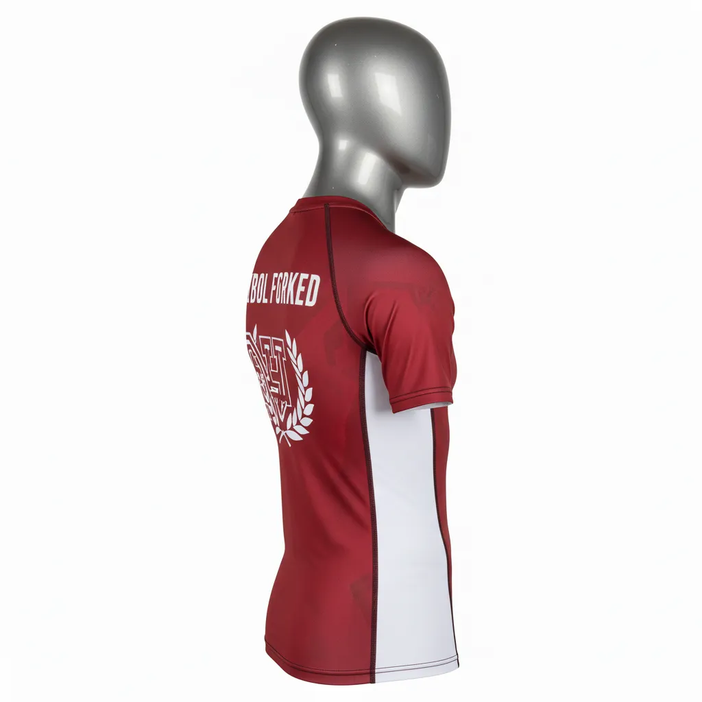 Custom Wrestling Short Sleeve Compression Shirt - Burgundy, White - Side Stripe - Back View - Kinexa Sportswear