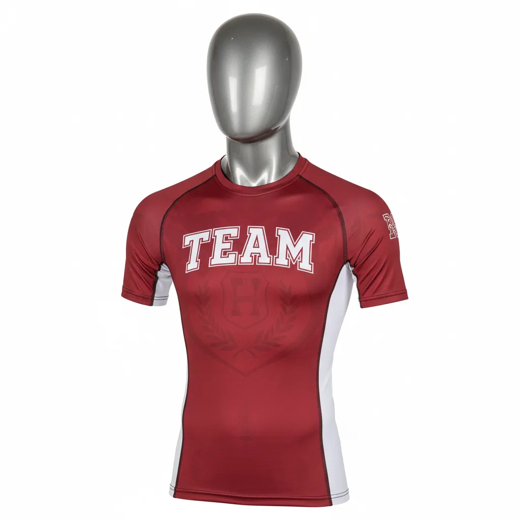 Custom Wrestling Short Sleeve Compression Shirt - Burgundy, White - Side Stripe - Front View - Kinexa Sportswear