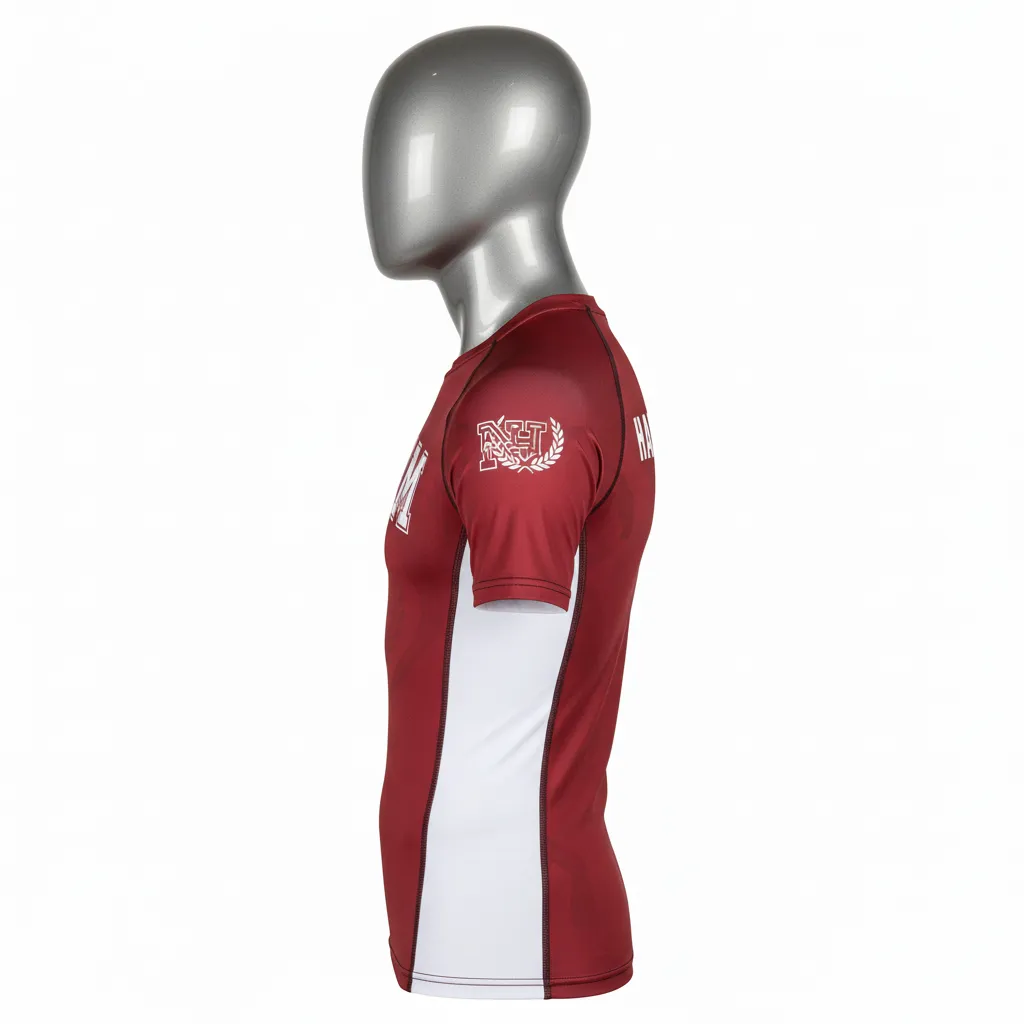 Custom Wrestling Short Sleeve Compression Shirt - Burgundy, White - Side Stripe - Side View - Kinexa Sportswear