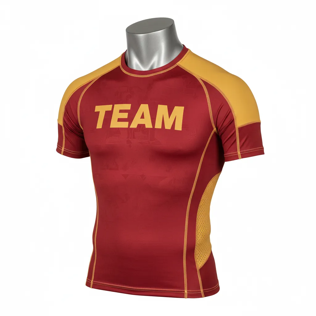 Custom Wrestling Short Sleeve Compression Shirt - Gold - Cardinal Vegas Shoulder Panel - Front View - Kinexa Sportswear