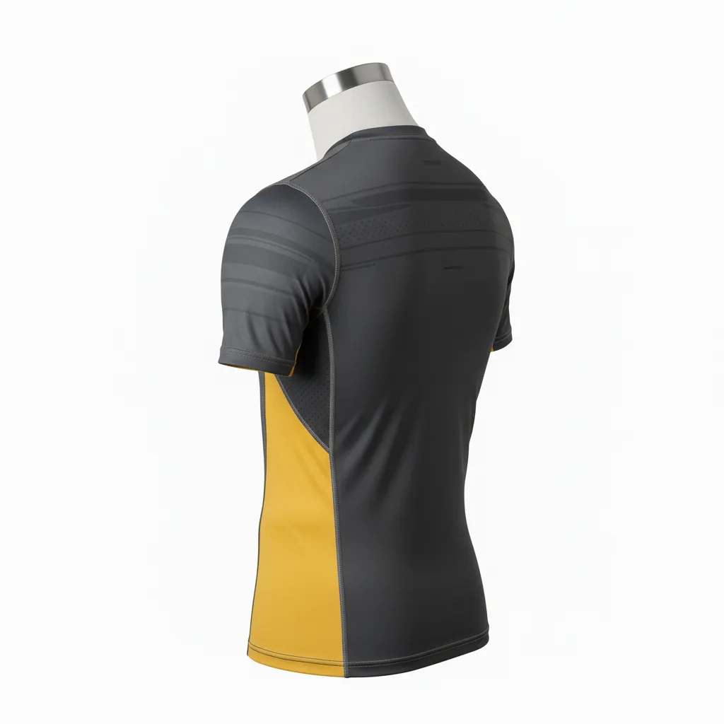 Custom Wrestling Short Sleeve Compression Shirt - Gold - Charcoal Vegas Side Panel - Back View - Kinexa Sportswear
