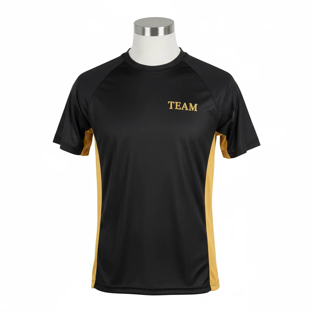Custom Wrestling Short Sleeve Performance Shirt - Black, Gold - Vegas Side Panel - Front View - Kinexa Sportswear