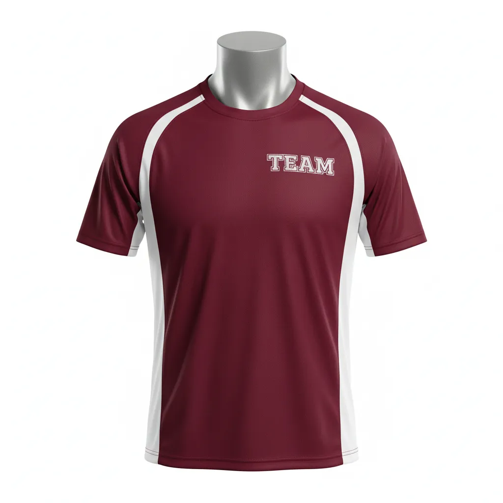 Custom Wrestling Short Sleeve Performance Shirt - Burgundy, White - Side Panel - Front View - Kinexa Sportswear