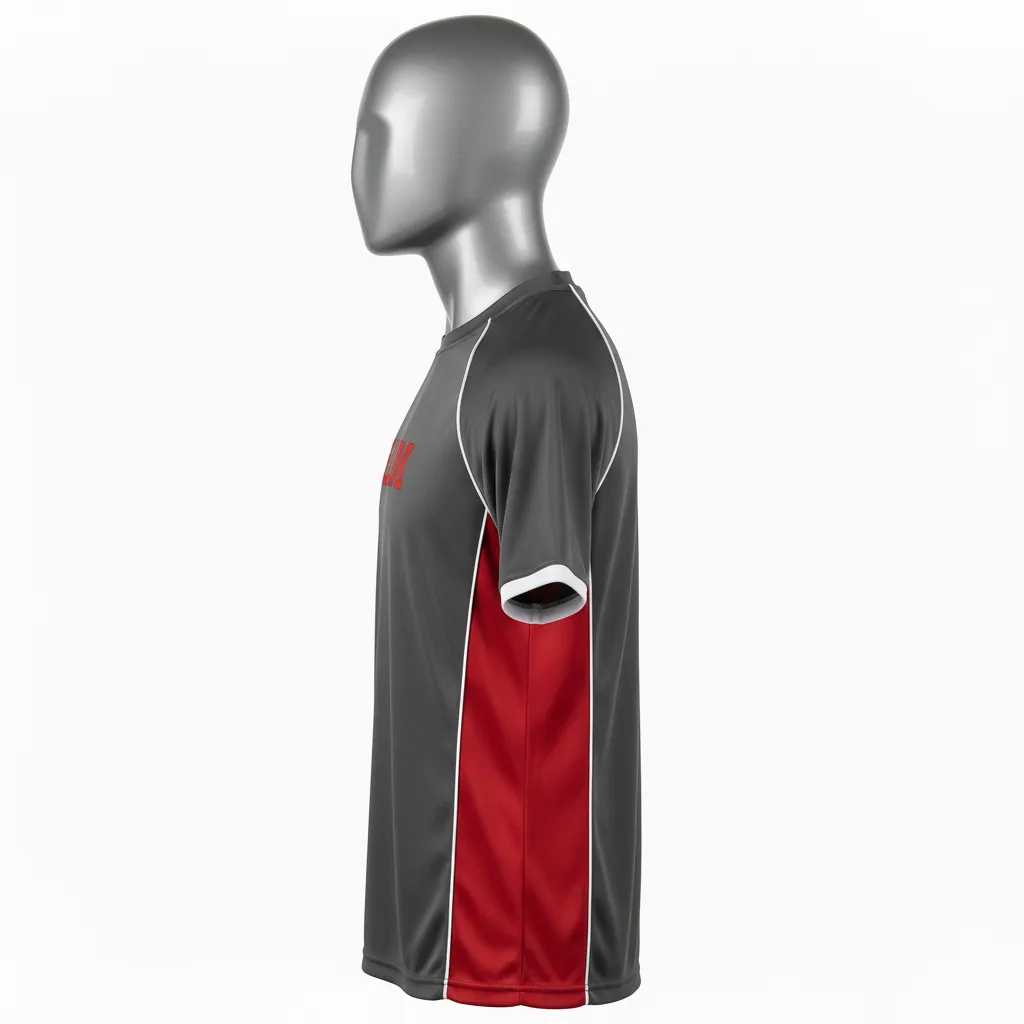 Custom Wrestling Short Sleeve Performance Shirt - Red - Charcoal Side Panel - Side View - Kinexa Sportswear
