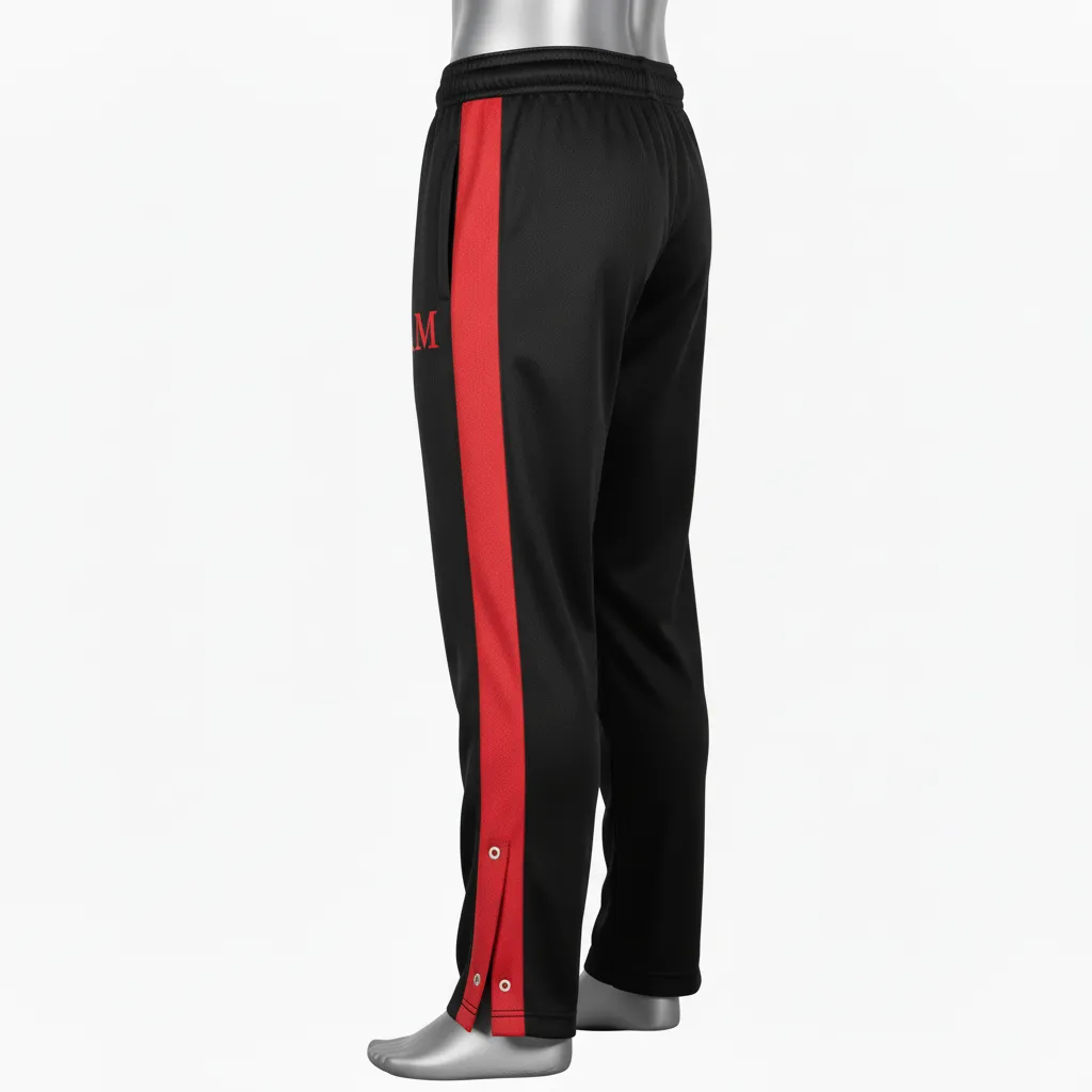 Custom Wrestling Tear Away Warmup Pant - Black, Red - Tearaway Snap Panel - Side View - Kinexa Sportswear