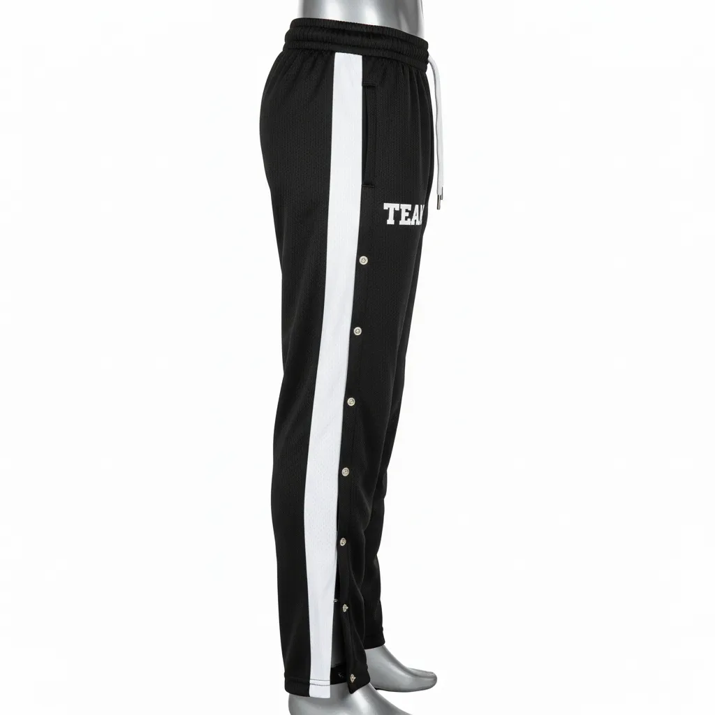 Custom Wrestling Tear Away Warmup Pant - Black, White - Tearaway Snap Panel - Side View - Kinexa Sportswear