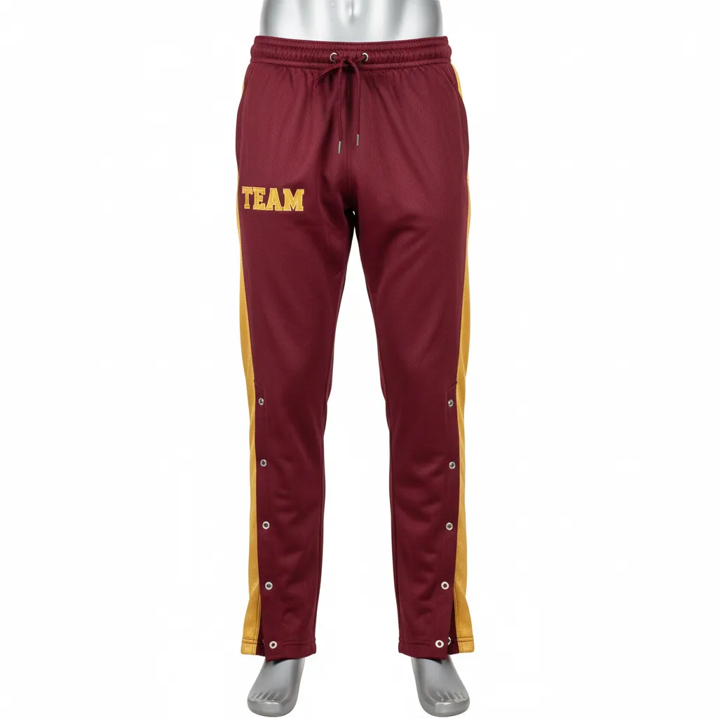 Custom Wrestling Tear Away Warmup Pant - Burgundy, Gold - Tearaway Vegas Snap Panel - Front View - Kinexa Sportswear