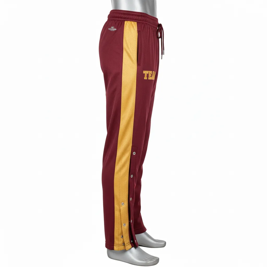 Custom Wrestling Tear Away Warmup Pant - Burgundy, Gold - Tearaway Vegas Snap Panel - Side View - Kinexa Sportswear